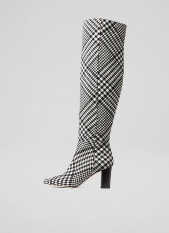 L.K. BENNETT COURTNEY BLACK AND WHITE CHECK FABRIC OVER-THE-KNEE BOOTS ~ Prince of Wales checked boots