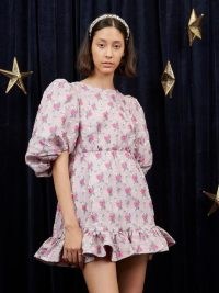 sister jane Saiph Jacquard Mini Dress Candy Pink / romantic floarl puff sleeve dresses / ruff hem / open back