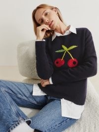 REFORMATION Fruit Intarsia Regenerative Wool Sweater in Navy / dark blue cherry patterned sweaters / womens crew neck jumpers