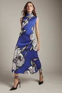 KAREN MILLEN Graphic Linear Twist Neck Woven Sleeveless Dress Cobalt / blue high neck bold floral print occasion dresses