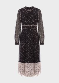 HOBBS HEIDI PRINTED MIDI DRESS in Black Pink / ditsy floral print sheer sleeve dresses