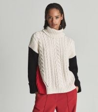 REISS JAN COLOUR BLOCK CABLE KNIT ROLL-NECK JUMPER MULTI ~ chic chunky high neck colourblock jumpers