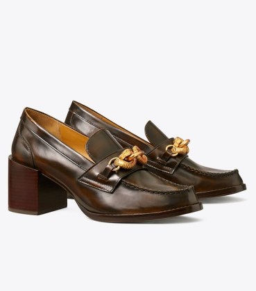 TORY BURCH JESSA PUMP in Melted Caramel ~ brown stacked block heel loafers ~ womens chunky embellished shoes