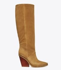 TORY BURCH LILA HEELED TALL BOOT in ALCE ~ brown slanted block heel boots ~ womens Western inspired footwear