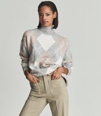 Reiss LISA ARGYLE KNIT ROLL NECK JUMPER GREY | on trend high neck patterned jumpers | womens fashionable knitwear