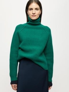 Jigsaw Merino Fishermans Rib Jumper | chunky green ribbed high neck jumpers