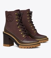 TORY BURCH MILLER LUG-SOLE ANKLE BOOT in Fig / Coconut ~ womens brown chunky lace up boots ~ women’s casual winter footwear