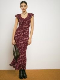 REFORMATION Pearce Dress in Currant / floral lightweight georgette fitted slip dresses