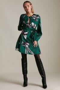 KAREN MILLEN Petite Lily Print Keyhole Woven Satin Dress / feminine green tie waist floral dresses