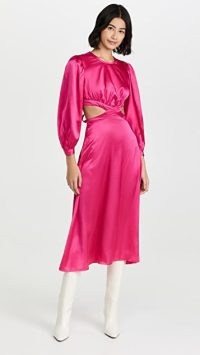 Rahi Cierra Cut Out Midi Dress ~ fuchsia-pink satin cutout dresses