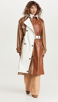 ROKH Panel Trench Coat Brown/Ivory ~ chic faux leather colour block belted coats ~ womens designer outerwear