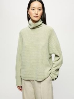 Jigsaw Soft Wool Rib Polo Jumper in Green | womens high neck relaxed fit batwing jumpers