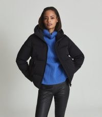 REISS THEA SHORT PUFFER JACKET BLACK ~ womens stylish padded winter jackets ~ womens casual hooded outerwear ~ thumb hole detail cuffs