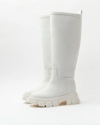 RIVER ISLAND WHITE KNEE HIGH RUBBER CHUNKY BOOTS ~ womens casual on-trend winter footwear