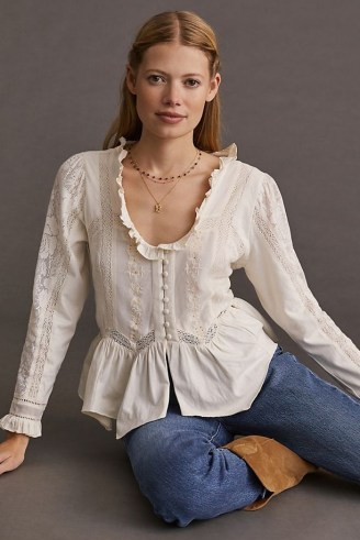 Forever That Girl Embroidered Lace Buttondown Blouse | romantic vintage style blouses | romance inspired fashion | peplum hem tops