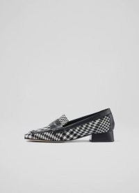 L.K. BENNETT KATE BLACK AND WHITE CHECK TWEED HEELED LOAFERS ~ womens checked vintage style loafer shoes