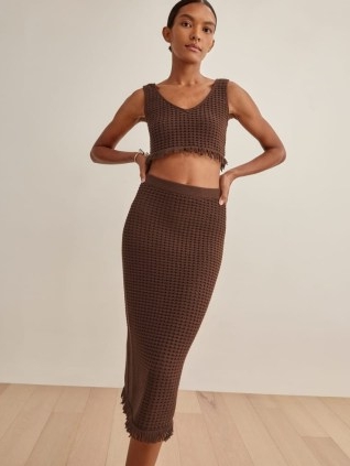 REFORMATION Lieta Open Knit Two Piece in Chestnut ~ chic knitted fashion sets ~ brown fringed midi skirt and crop top co ord ~ womens on trend clothing co ords