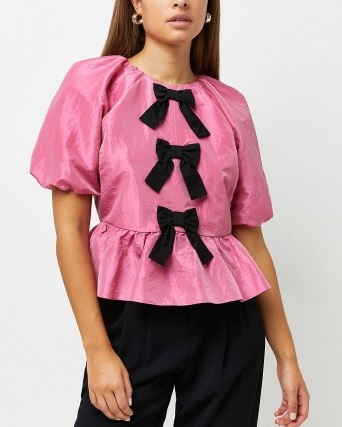 RIVER ISLAND PINK BOW DETAIL PEPLUM TOP ~ puff sleeve tops