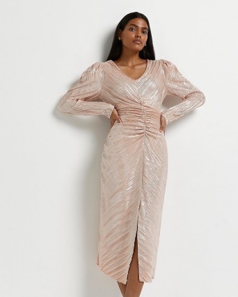 RIVER ISLAND PINK SPLIT FRONT GATHERED MIDI DRESS ~ long sleeve slit hem party dresses