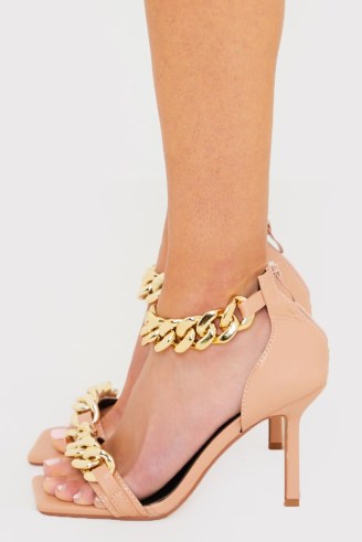 IN THE STYLE BEIGE BARELY THERE WITH CHAIN DETAIL HEELS ~ square to sandals with chunky chains ~ womens glamorous on-trend evening shoes ~ fashionable party footwear