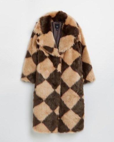 RIVER ISLAND BROWN CHECKBOARD FAUX FUR COAT / womens glamorous retro winter coats / womens checked vintage style outerwear