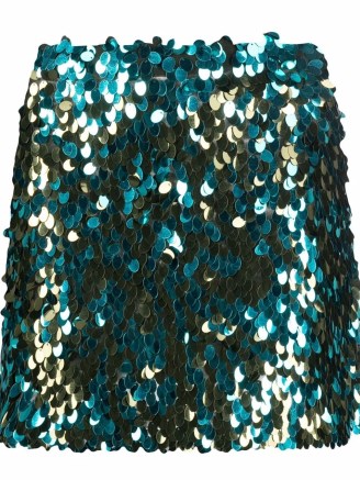 Emilio Pucci sequinned mini skirt in olive green & turquoise / glittering sequin covered designer skirts