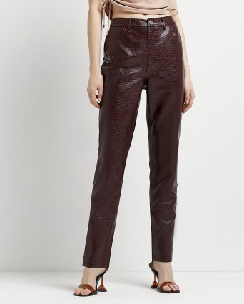 RIVER ISLAND RED PU CROC STRAIGHT LEG TROUSERS / women’s on-trend crocodile effect pants / animal prints on fashion