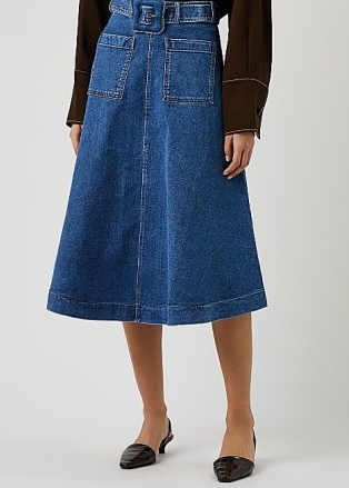 REJINA PYO Blake blue stretch-denim midi skirt | flared A-line belted ...