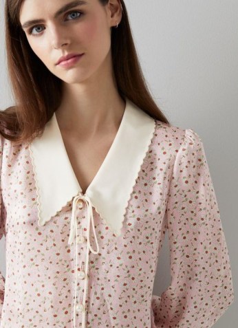 L.K. BENNETT BEECHAM PINK DAISY PRINT SCALLOP COLLAR SILK BLOUSE ~ floral vintage style blouses ~ fashion for a ladylike sensibility