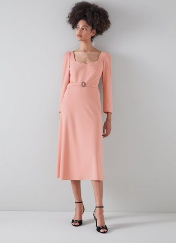 L.K. BENNETT KATERINA PINK CREPE BELTED DRESS ~ long sleeve sweetheart neckline occasion dresses