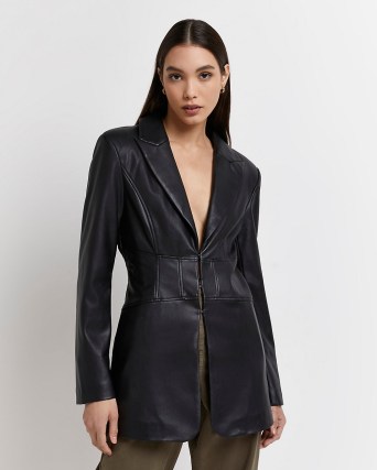 River Island BLACK FAUX LEATHER CORSET BLAZER – fitted cinched waist ...