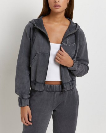 RIVER ISLAND GREY DIAMANTE RI BRANDED ZIP UP HOODIE ~ womens sports luxe hoodies ~ women sportswear inspired hooded jackets