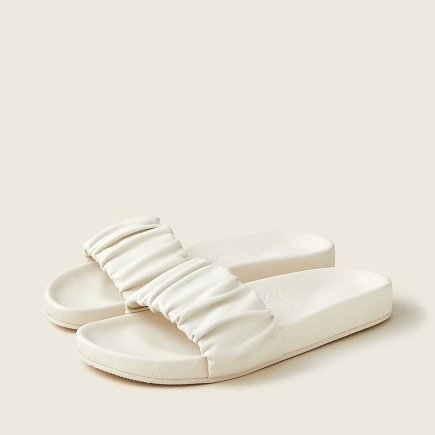 J.Crew Pacific scrunchie strap slides | women’s white leather molded footbed sliders | womens ruched sandals