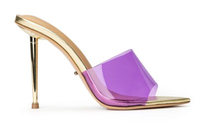 TONY BIANCO Mylo Purple Vinylite/Gold 10.5cm Heels ~ transparent strap ...