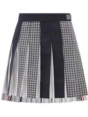 THOM BROWNE Pleated patchwork wool mini skirt – navy blue high-low mixed print skirts – dip hem fashion