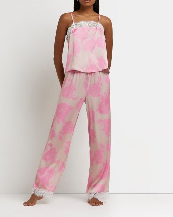 RIVER ISLAND PINK FLORAL SATIN PYJAMA SET ~ lace trim pyjamas ~ womens cami and trousers PJ sets