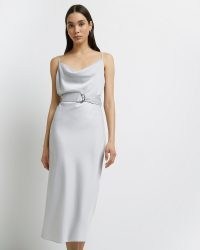 SILVER SATIN COWL NECK MIDI DRESS ~ belted slip dresses