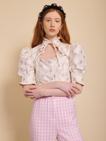 sister jane Syrup Bloom Jacquard Top / romantic style puff sleeve high neck tops / vintage inspired floral blouses
