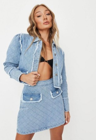 Missguided blue co ord quilted diamante denim mini skirt | women’s short length on-trend quilt detail skirts