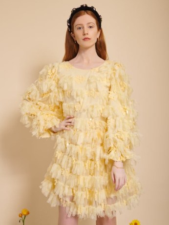 sister jane BEE BOTANICAL Wing Ruffle Mini Dress in Limelight – oversized yellow sequinned tulle embellished dresses – romantic style party fashion