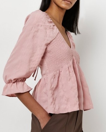 River Island PINK SHIRRED PEPLUM TOP | empire waist tops with tie back detail