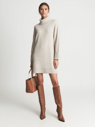 Reiss LUCIE Knitted Roll Neck Dress / luxe cashmere and wool blend sweater dresses / chic neutral outfits