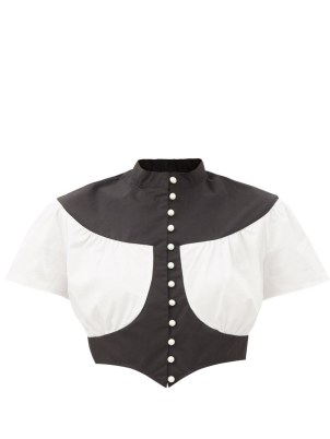 BATSHEVA Ashlyn two-tone cropped cotton-poplin blouse ~ short sleeved high neck crop tops ~ monochrome blouses