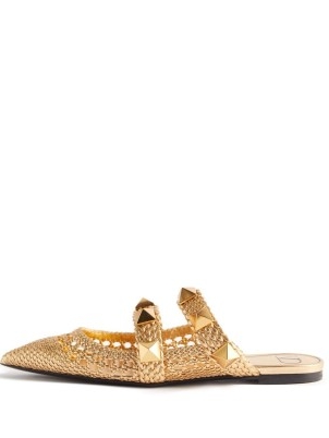 VALENTINO GARAVANI Roman Stud woven-leather backless loafers ~ gold studded pointed toe loafer flats