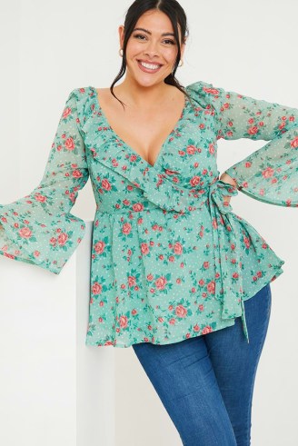 JAC JOSSA GREEN FLORAL PRINT OFF THE SHOULDER TOP WITH TIE WAIST ~ ruffled flared sleeve tops