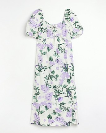 RIVER ISLAND PURPLE FLORAL MIDI DRESS ~ short puff sleeved summer dresses