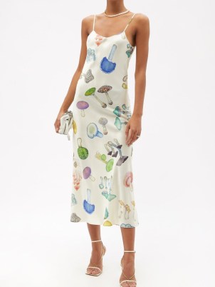 RODARTE Mushroom-print silk slip dress ~ white cami dresses ~ women’s skinny shoulder strap evening clothes