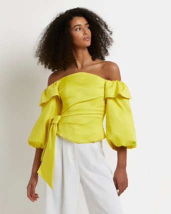 RIVER ISLAND YELLOW BARDOT TOP – balloon sleeve off the shoulder tops