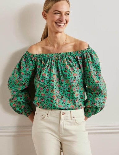 Boden Melanie Off-Shoulder Top Green Lagoon Oriental Meadow / floral cotton bardot tops