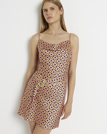 RIVER ISLAND PINK FLORAL SATIN SLIP MINI DRESS ~ belted cami dresses